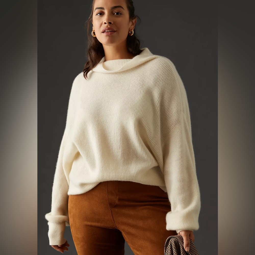 NWT Anthropologie Pilcro Anir Ribbed Mock-Neck Cashmere Jumper 3X in Ivory
